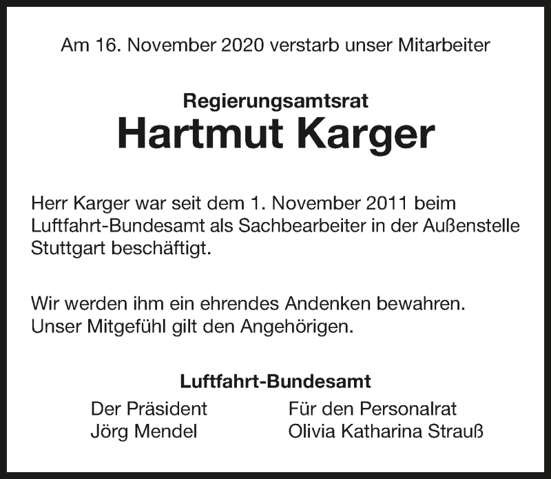  Traueranzeige für Hartmut Karger vom 28.11.2020 aus GESAMT