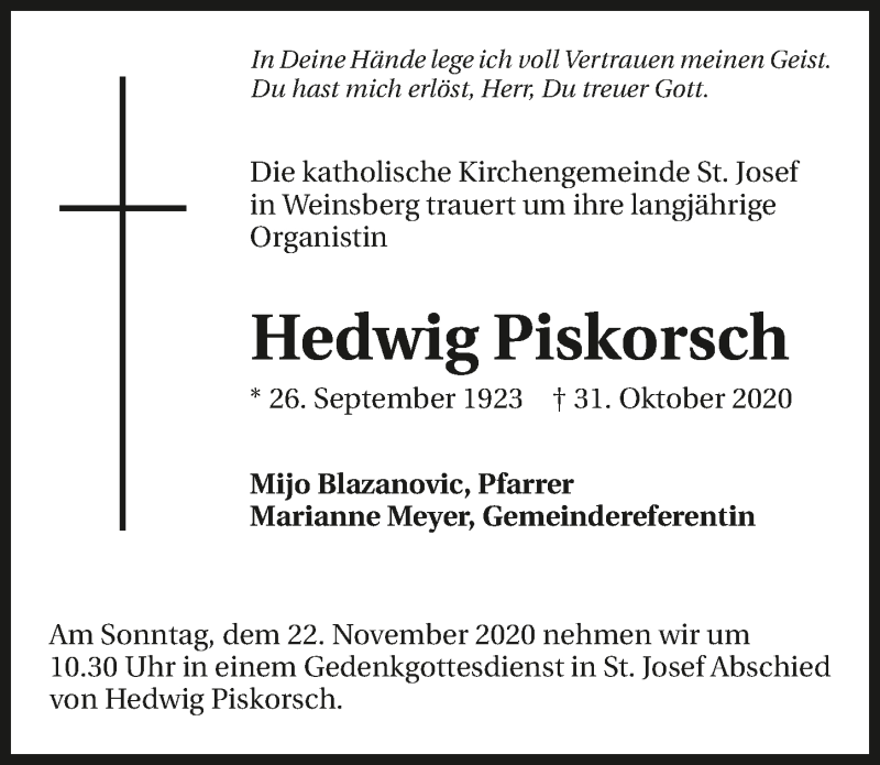  Traueranzeige für Hedwig Piskorsch vom 18.11.2020 aus GESAMT
