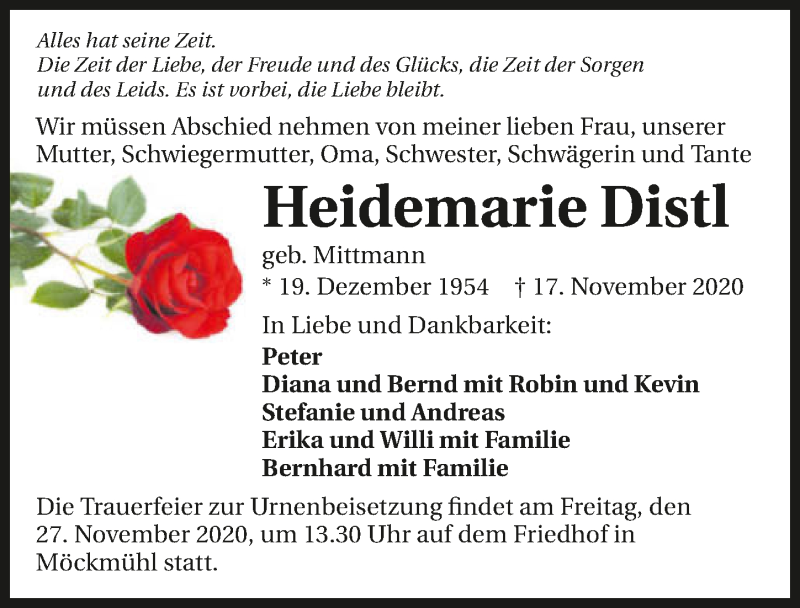  Traueranzeige für Heidemarie Distl vom 21.11.2020 aus GESAMT