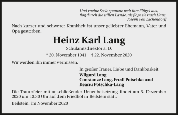 Traueranzeige von Heinz Karl Lang von GESAMT