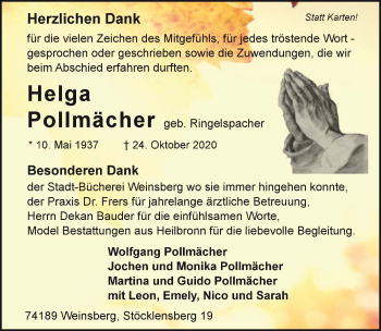 Traueranzeige von Helga Pollmächer von GESAMT