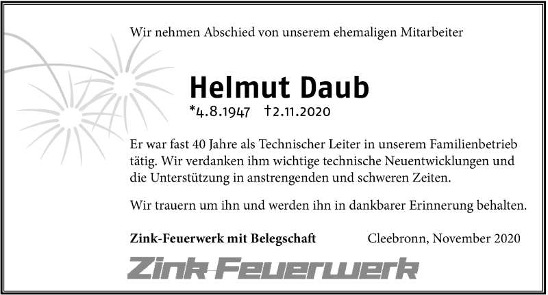  Traueranzeige für Helmut Daub vom 06.11.2020 aus GESAMT