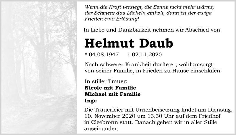  Traueranzeige für Helmut Daub vom 06.11.2020 aus GESAMT