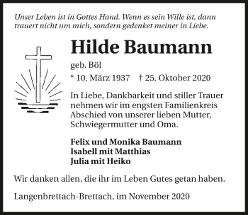 Traueranzeige von Hilde Baumann von GESAMT