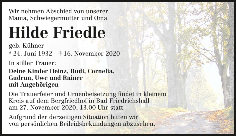  Traueranzeige für Hilde Friedle vom 21.11.2020 aus GESAMT