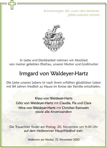 Traueranzeige von Irmgard von Waldeyer-Hartz von GESAMT
