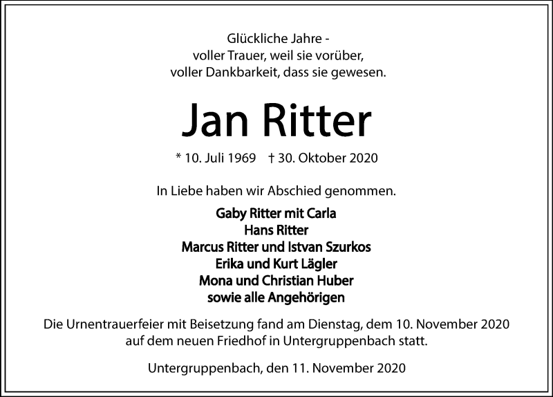  Traueranzeige für Jan Ritter vom 11.11.2020 aus GESAMT