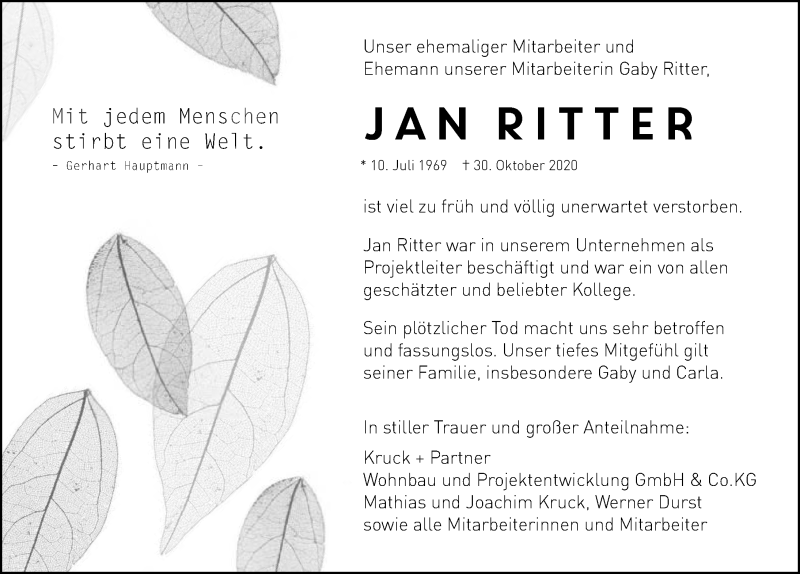  Traueranzeige für Jan Ritter vom 11.11.2020 aus GESAMT