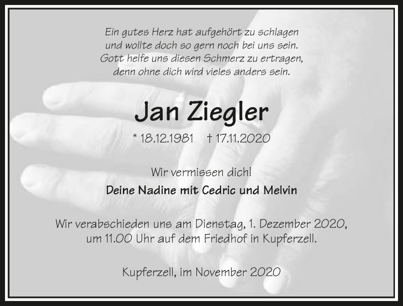  Traueranzeige für Jan Ziegler vom 28.11.2020 aus GESAMT
