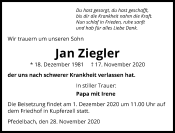 Traueranzeige von Jan Ziegler von GESAMT