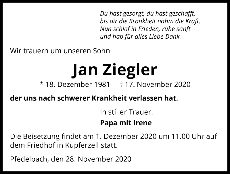  Traueranzeige für Jan Ziegler vom 28.11.2020 aus GESAMT