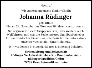 Traueranzeige von Johanna Rüdinger von GESAMT