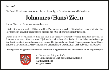 Traueranzeige von Johannes Ziern von GESAMT