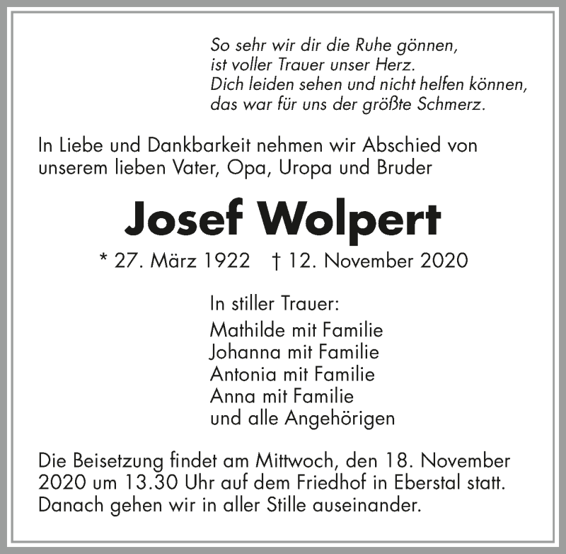 Traueranzeige für Josef Wolpert vom 16.11.2020 aus GESAMT