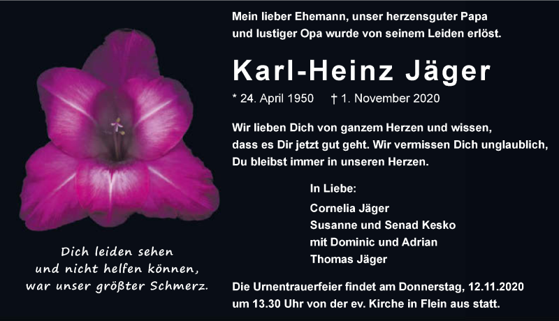  Traueranzeige für Karl-Heinz Jäger vom 07.11.2020 aus GESAMT