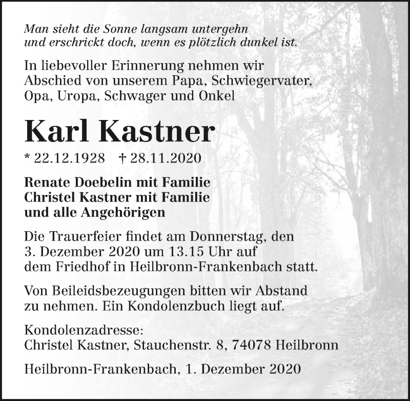  Traueranzeige für Karl Kastner vom 01.12.2020 aus GESAMT