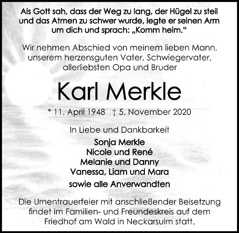  Traueranzeige für Karl Merkle vom 07.11.2020 aus GESAMT