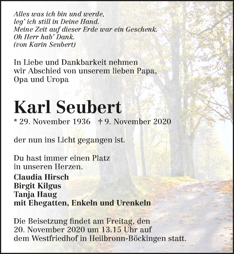  Traueranzeige für Karl Seubert vom 14.11.2020 aus GESAMT