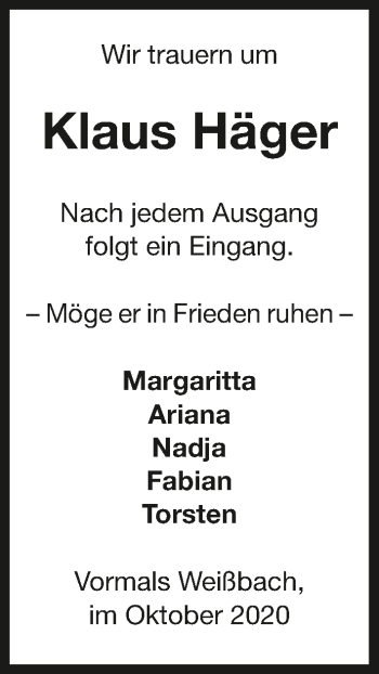 Traueranzeige von Klaus Häger von GESAMT