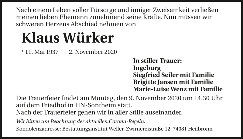  Traueranzeige für Klaus Würker vom 05.11.2020 aus GESAMT