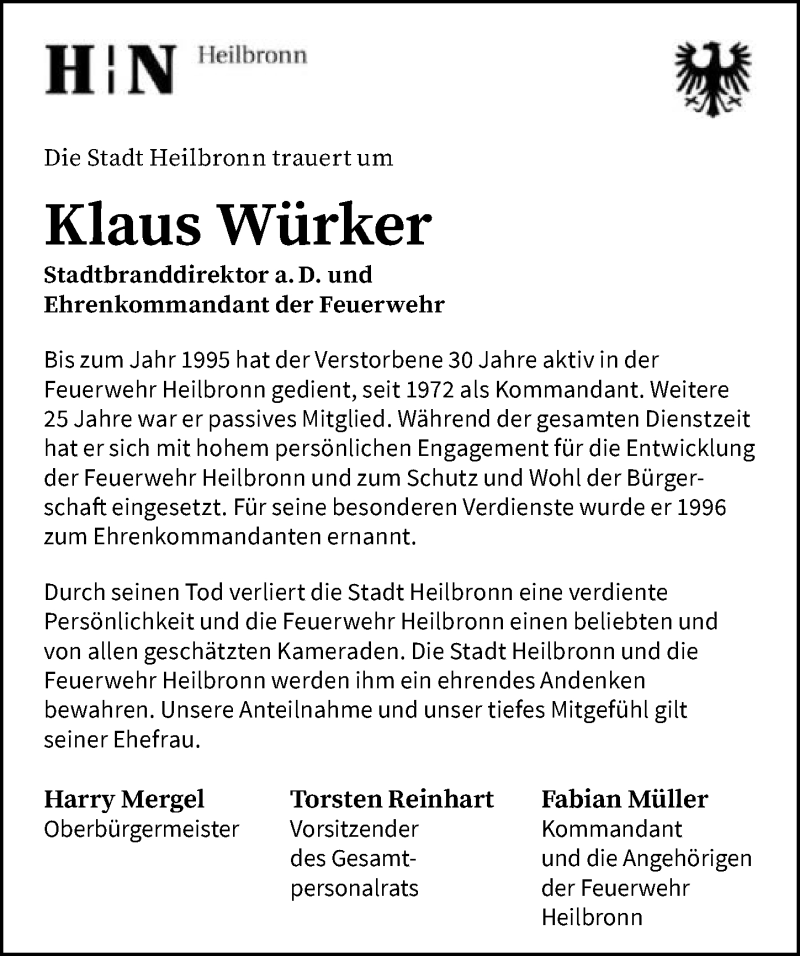  Traueranzeige für Klaus Würker vom 05.11.2020 aus GESAMT