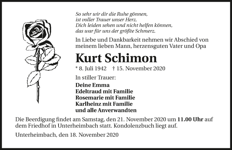  Traueranzeige für Kurt Schimon vom 18.11.2020 aus GESAMT