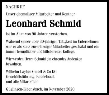 Traueranzeige von Leonhard Schmid von GESAMT