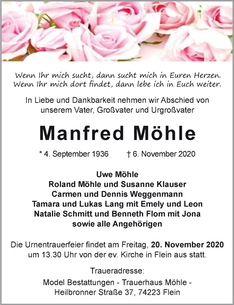  Traueranzeige für Manfred Möhle vom 07.11.2020 aus GESAMT