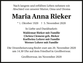 Traueranzeige von Maria  Rieker von GESAMT