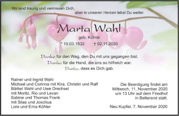 Traueranzeige von Marta Wahl von GESAMT