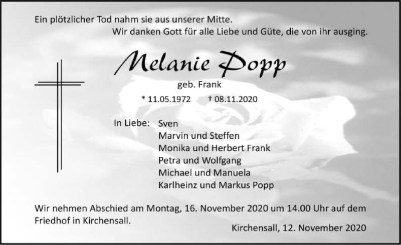 Traueranzeige für Melanie Popp vom 12.11.2020 aus GESAMT