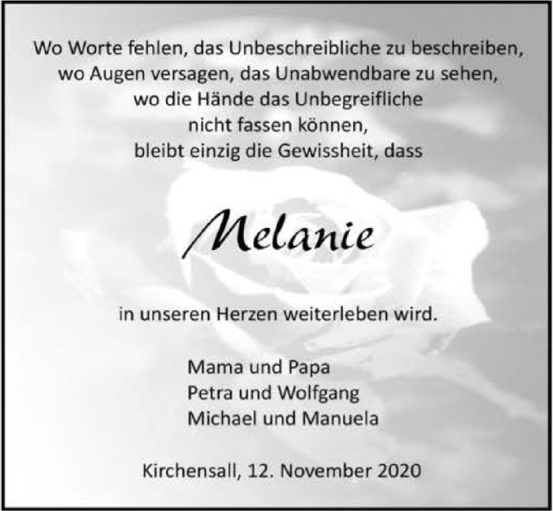  Traueranzeige für Melanie Popp vom 12.11.2020 aus GESAMT
