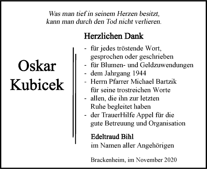  Traueranzeige für Oskar Kubicek vom 14.11.2020 aus GESAMT