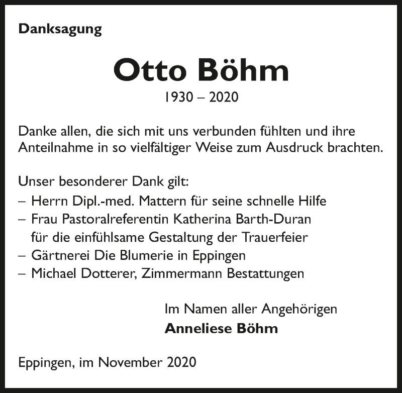  Traueranzeige für Otto Böhm vom 06.11.2020 aus GESAMT
