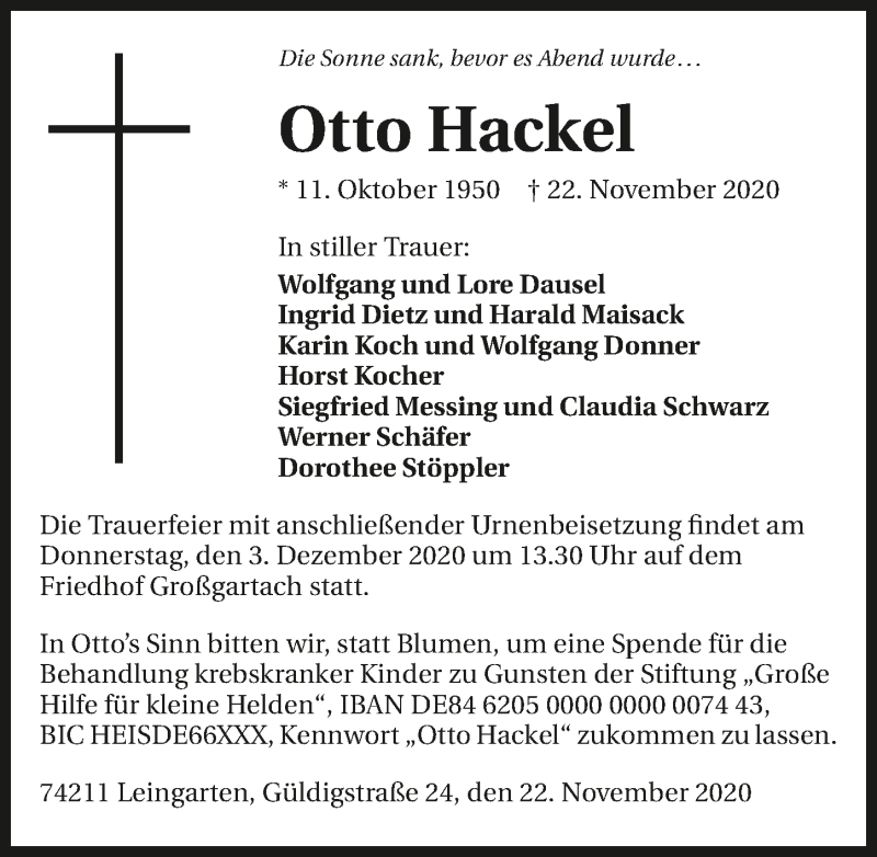  Traueranzeige für Otto Hackel vom 01.12.2020 aus GESAMT