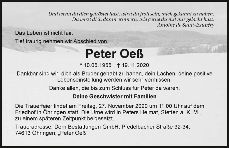  Traueranzeige für Peter Oeß vom 25.11.2020 aus GESAMT