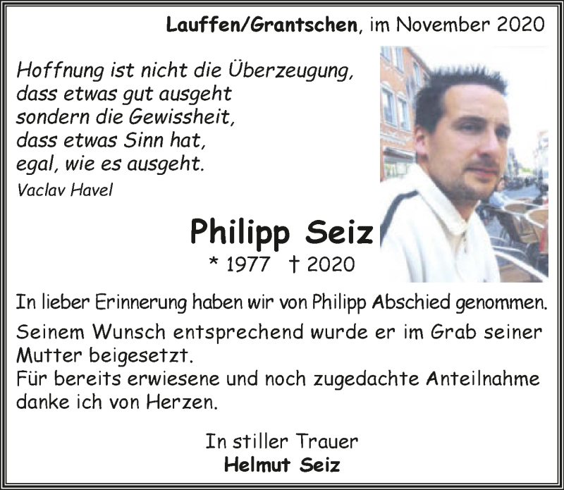  Traueranzeige für Philipp Seiz vom 28.11.2020 aus GESAMT