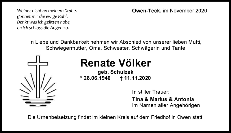  Traueranzeige für Renate Völker vom 17.11.2020 aus GESAMT