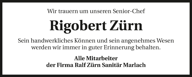  Traueranzeige für Rigobert Zürn vom 27.11.2020 aus GESAMT