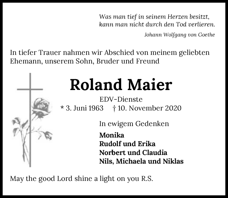  Traueranzeige für Roland Maier vom 21.11.2020 aus GESAMT