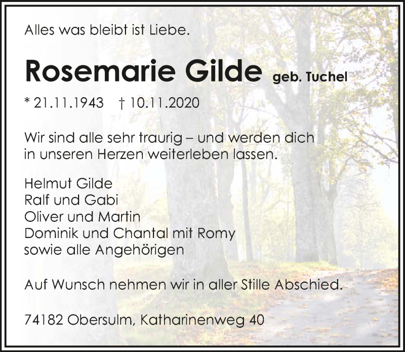  Traueranzeige für Rosemarie Gilde vom 13.11.2020 aus GESAMT
