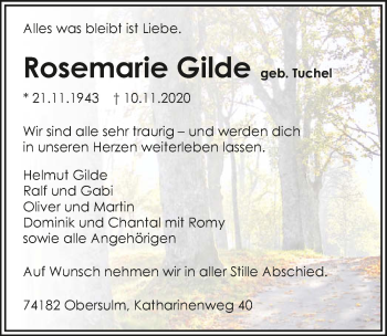 Traueranzeige von Rosemarie Gilde von GESAMT