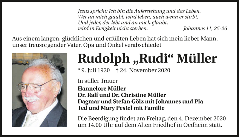  Traueranzeige für Rudolph Müller vom 28.11.2020 aus GESAMT