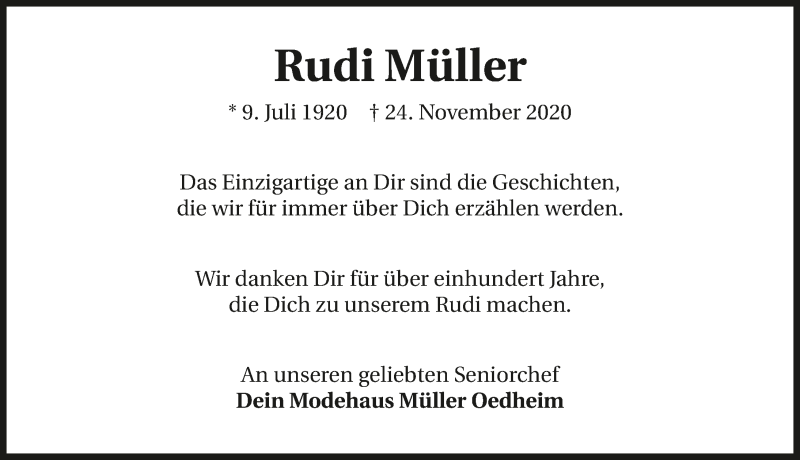  Traueranzeige für Rudolph Müller vom 28.11.2020 aus GESAMT