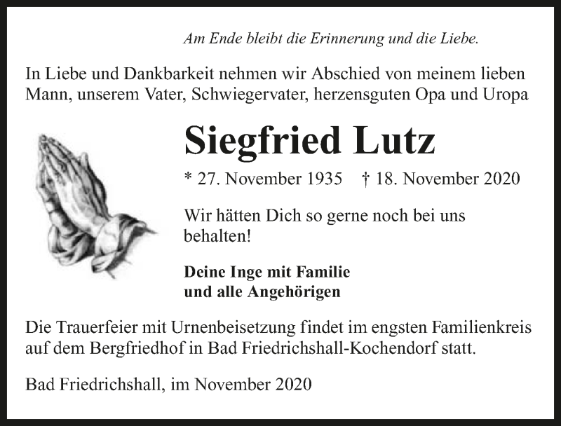  Traueranzeige für Siegfried Lutz vom 27.11.2020 aus GESAMT
