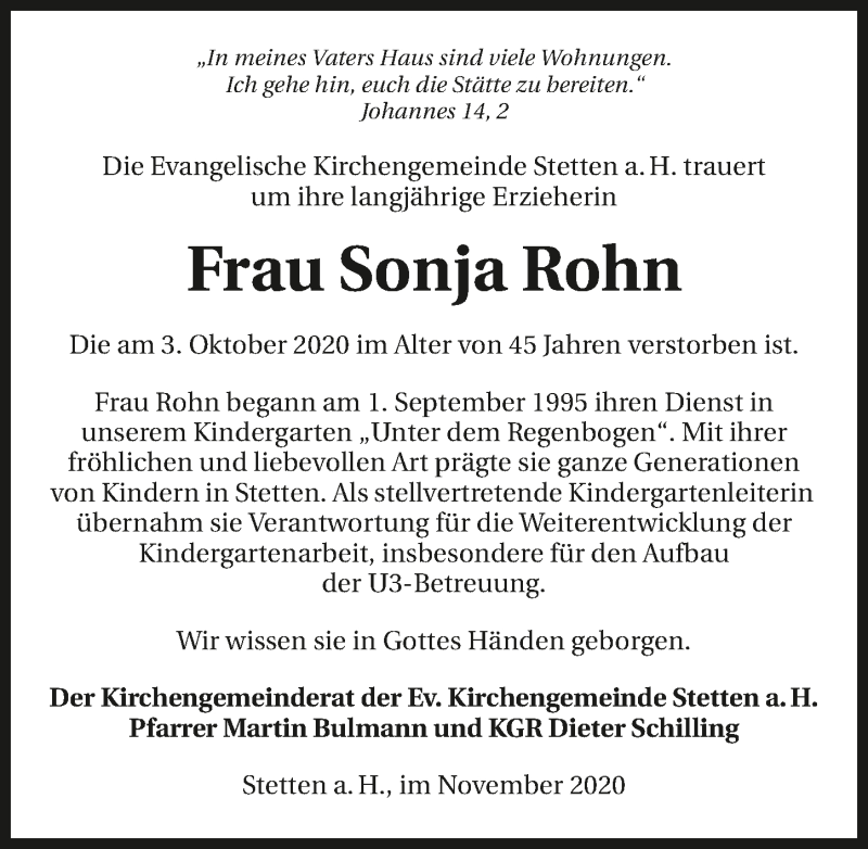 Traueranzeige für Sonja Rohn vom 04.11.2020 aus GESAMT