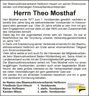 Traueranzeige von Theo Mosthaf von GESAMT