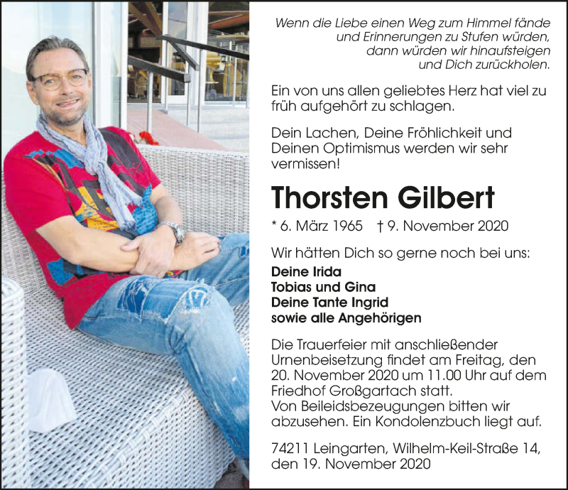  Traueranzeige für Thorsten Gilbert vom 19.11.2020 aus GESAMT