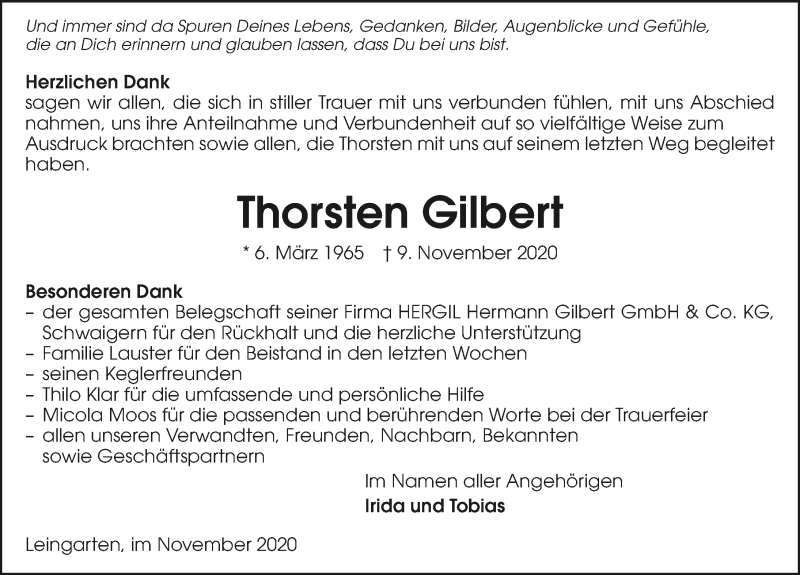  Traueranzeige für Thorsten Gilbert vom 28.11.2020 aus GESAMT