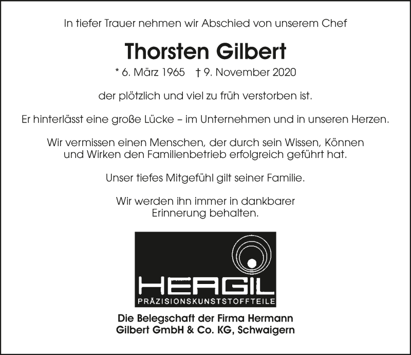  Traueranzeige für Thorsten Gilbert vom 19.11.2020 aus GESAMT